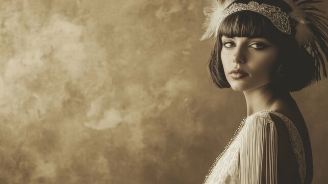 Gatsby Inspired Vintage Flapper Dress with Fringe and Beads on Model with Bobbed Hair and Feathered Headband against Solid Gold Background