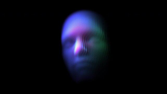Digital 3D face made up of glowing dots turns in different directions. Abstract concept of artificial intelligence (AI), data science or analysis. Looped 4K video of machine learning, black background