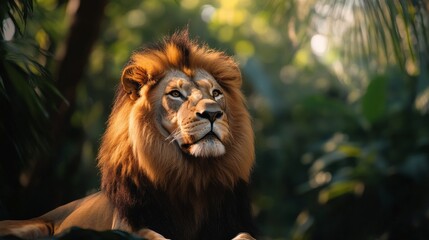 A regal lion with a flowing mane gazes intensely while resting among vibrant foliage during the warm glow of the evening light