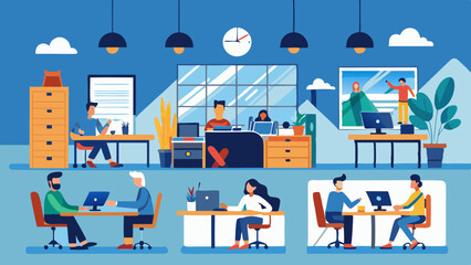 concept of the coworking center shared working vector art  illustration