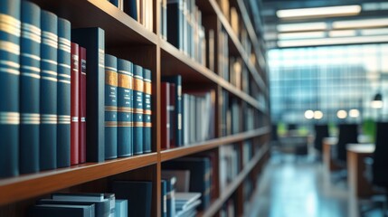 Closeup of shelves filled with law books and documents in a legal office, highlighting the organized and professional environment suited for legal work