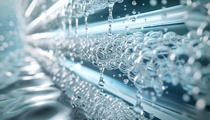 A close-up illustration of a reverse osmosis unit's advanced filtration technology, showing the detailed layers of membranes and the flow of water, with a spotlight on the pristine water output. 