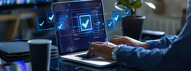Person working on a laptop with digital checkmark icons on the screen next to a cup and plant. Concepts of productivity, technology, and digital approval processes.