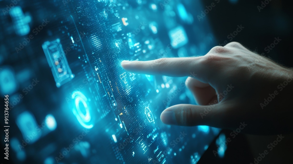 Poster a hand reaches out, engaging with a holographic digital screen displaying floating data and innovati