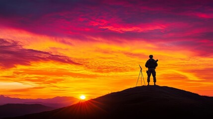 A silhouette of a soldier standing on a hill during a dramatic sunset The sky is filled with vibrant hues of orange