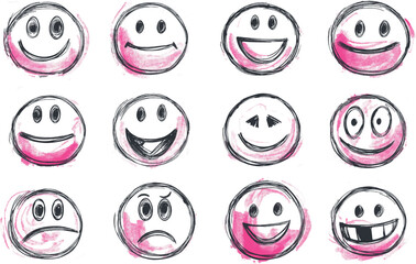 Ensemble d'Émoticônes Joyeux en Aquarelle - Icônes de de smileys dessin