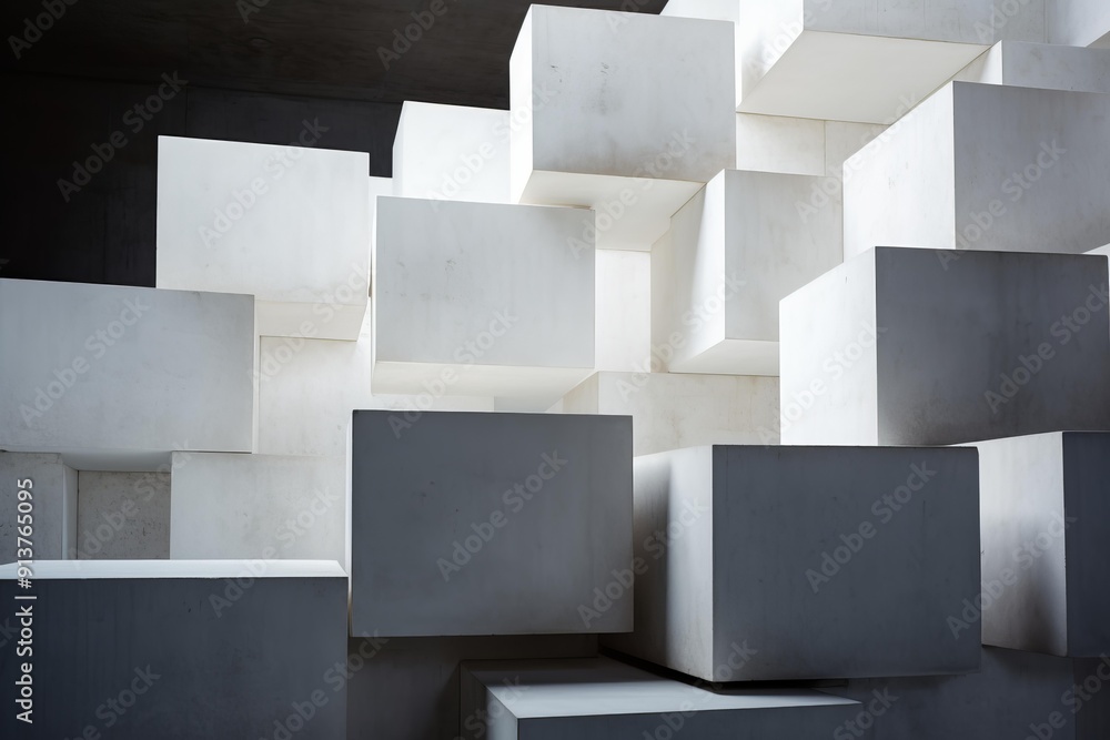 Aufkleber geometric pattern of white cubes with dramatic lighting, creating a modern abstract architectural ba