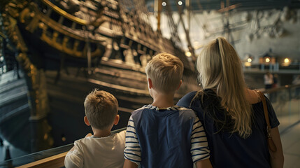 Happy family explores historic ship at Vasa Museum, enjoying a day of learning and discovery.