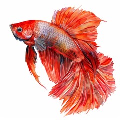 Fototapeta premium Watercolor painting of a striking red and orange betta fish, on isolated white background