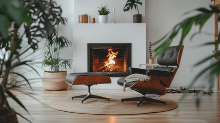  A cozy living room featuring a fireplace, chair, and two potted plants - one in front of the fireplace