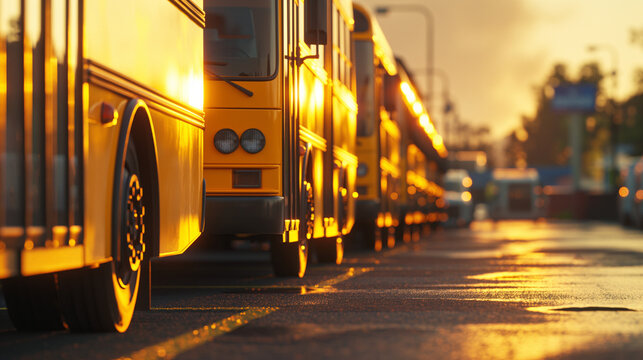 Row of School Buses at Sunset, Reflective Ground