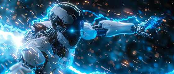 dynamic AI robot striking a winning pose The atmosphere is digital and very modern, blue lightning. Generative AI