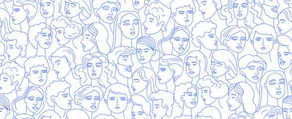 Abstract line drawing seamless pattern of various faces. Gender-neutral and multicultural themes with a minimalist style. Modern and artistic portrayal of diversity. Vector Illustration, blue on white