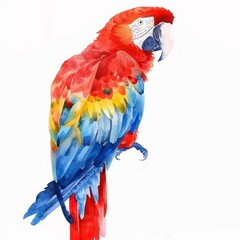 Obraz premium Watercolor painting of a vibrant parrot with red, blue, and yellow feathers, on isolated white background