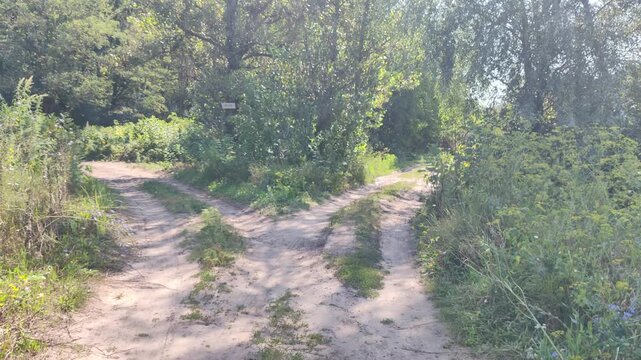 crossroads. dirt roads. the road diverges into two. sandy path. travel. transport infrastructure.