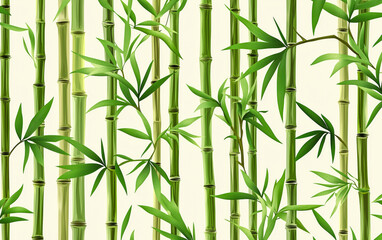 Bamboo shoots and leaves dance in a green vector pattern, evoking a serene forest.