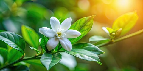 Close up photo of a white jasmine flower blooming in the summer, isolated on a branch with green leaves , jasmine, flower