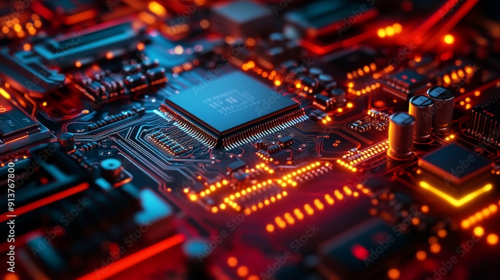 Poster an intricately designed electronic circuit board showcases luminous components, emphasizing the comp