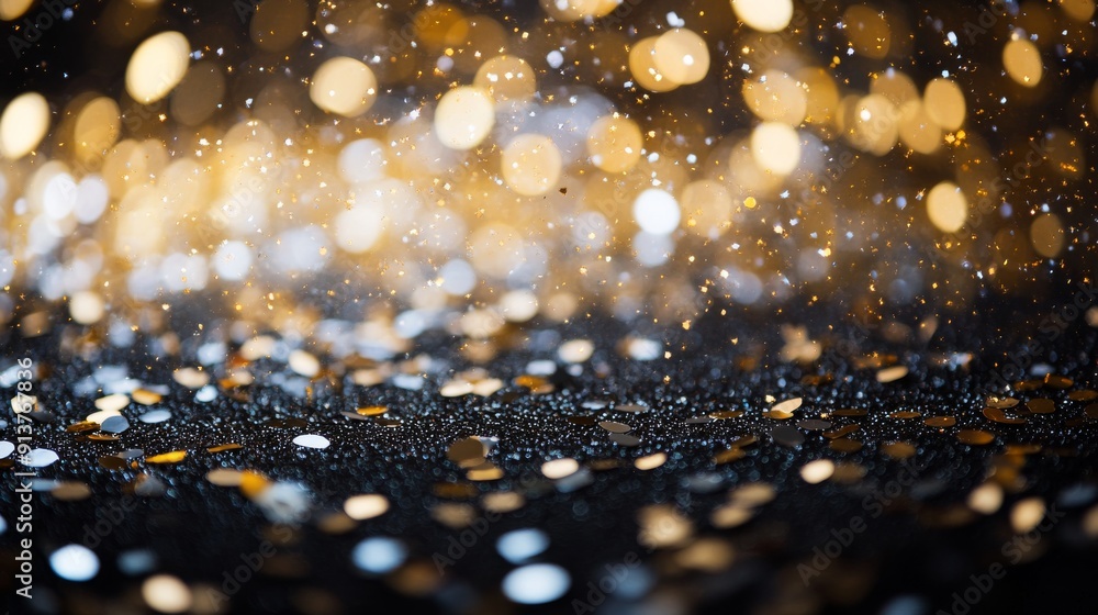 Poster sparkling silver and gold confetti are scattered across a dark surface, creating a mesmerizing bokeh