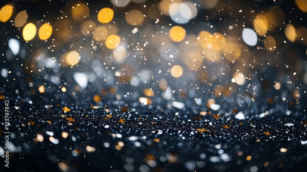Poster shimmering silver and gold confetti floats across a dark surface, creating a dazzling effect enhance