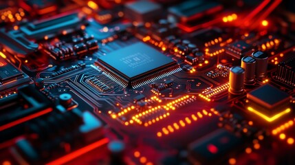 An intricately designed electronic circuit board showcases luminous components, emphasizing the complex connections within an advanced technological environment