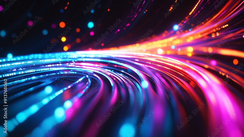 Poster Vibrant neon fiber optic cables flow in a dazzling array of colors, creating a mesmerizing abstract display filled with dynamic movement and illuminated trails