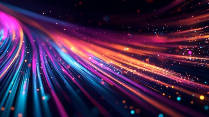 Vibrant neon fiber optic cables create a mesmerizing display of colors in motion, showcasing abstract patterns against a dark backdrop