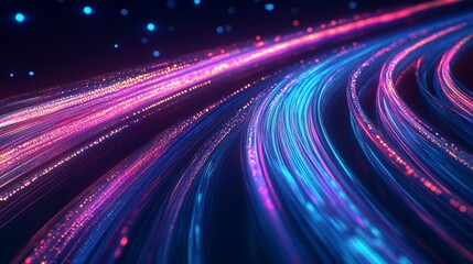 Vibrant neon fiber optic cables move rapidly, creating abstract patterns with multicolored lights against a dark backdrop, showcasing an electrifying visual effect