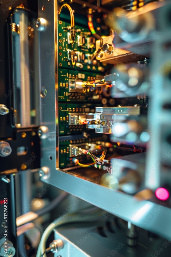 Poster high-frequency communication technology: close-up of microwave signal transmitter and receiver compo