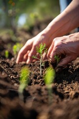 New Growth and Reforestation Efforts: Close-Up of Hands Planting Seedlings in Rich Soil