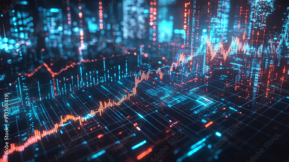 Poster a closeup view reveals a dynamic stock market graph showcasing fluctuating lines and intricate chart