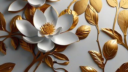Luxury white magnolia foil metallic background vector with golden metallic home decorate wall art Generative AI
