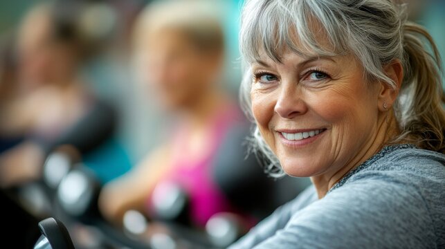 A fit greyhaired senior woman smiles while participating in a lively group exercise class, radiating joy and energy in a supportive gym environment