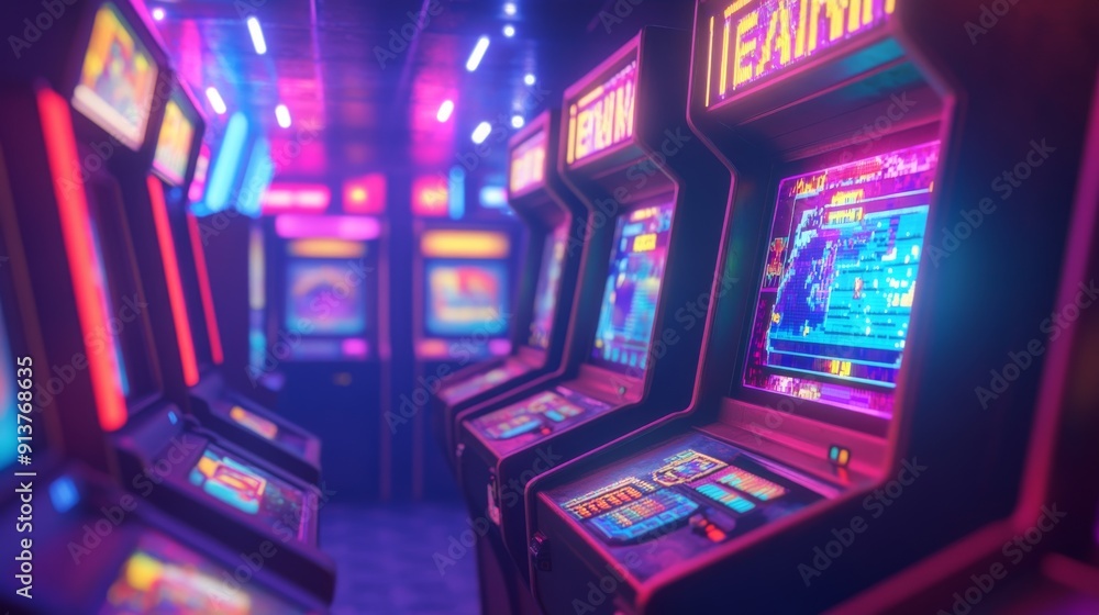 Poster a closeup view captures a vibrant pixel art arcade video game screen, surrounded by colorful retro f