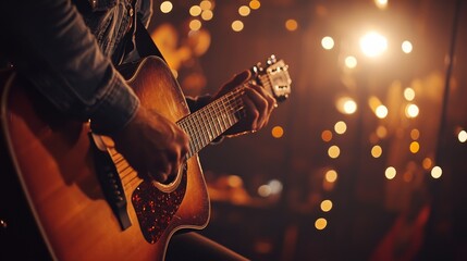 Obraz premium A guitarist passionately performs on stage, bathed in warm ambient light that accentuates the intricate details of the guitar and the energy of the moment