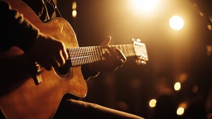 A guitarist captivates the audience with an intimate performance, illuminated by soft, warm...