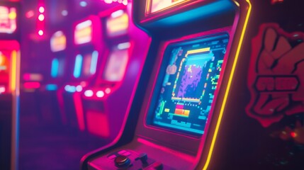 A vibrant, pixel art display from a classic arcade cabinet, illuminated by neon lights, evokes a nostalgic gaming ambiance in a lively retro setting
