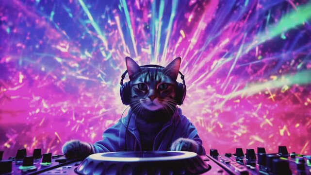 DJ cat rocks the turntables against a backdrop of vibrant neon lights. This quirky and entertaining scene combines feline charm with energetic party vibes, creating a fun and lively atmosphere