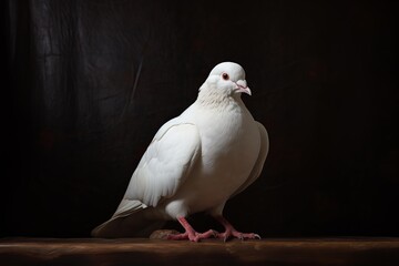 Fototapeta premium Serene white dove poses gracefully, highlighted against a dark, moody backdrop