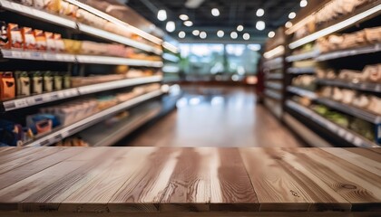 The wooden table on which the product is promoted is in the background of supermarket shelves, showcases, advertisements.