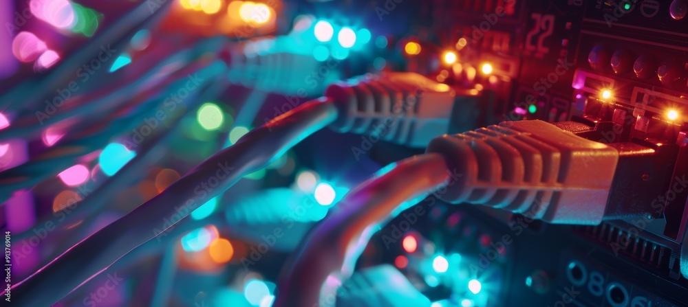 Poster close-up of ethernet cables in a server room with led indicators for data transmission