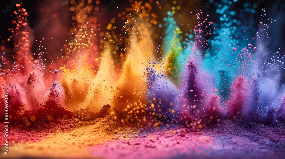 Poster vibrant color clouds erupting from powdered pigments in a studio setting