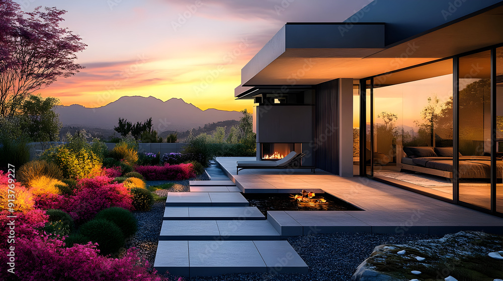 Canvas Prints Modern House with a Patio and a View of the Mountains 3D Illustration