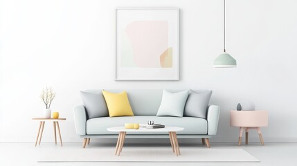 Serene Minimalist Living Room with Pastel Furniture and Clean Lines