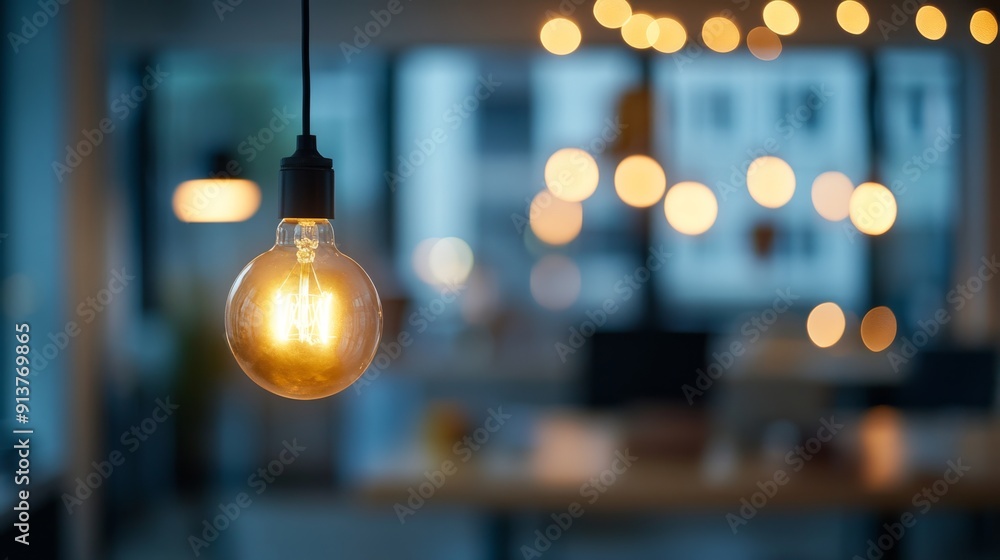 Poster a cozy workspace illuminated by soft hanging bulbs, creating an inviting atmosphere for productivity