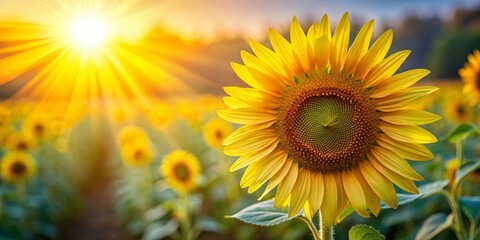 Fototapeta premium Close-up of a sunflower with soft sunrays, beautiful nature photography, sunflower, close-up, beauty, nature, sunrays, sunlight