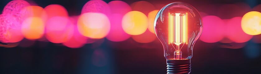 Obraz premium A glowing light bulb with vibrant colors in the background, symbolizing creativity and innovation.