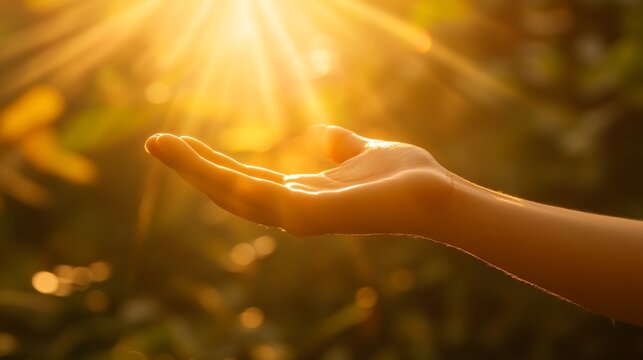An open hand stretches towards radiant golden sunlight, embodying warmth and a sense of hope and spirituality in a natural setting