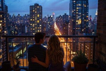 Couple Enjoying City Skyline from Balcony at Dusk - Ideal for Urban Living Concepts and Lifestyle Design