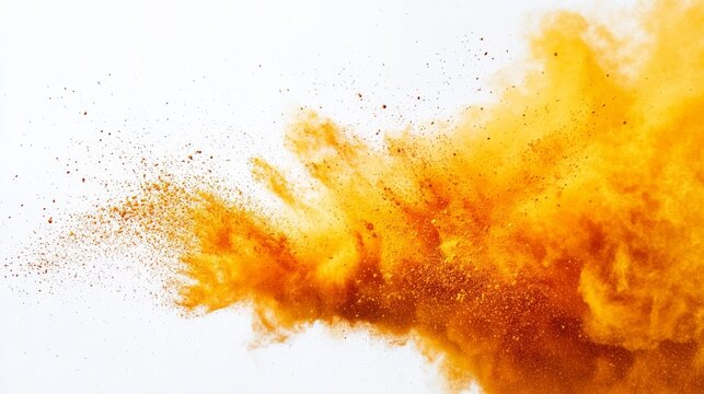 A spectacular burst of yellow and orange paint powder erupts in midair, creating a dynamic display against a stark white background